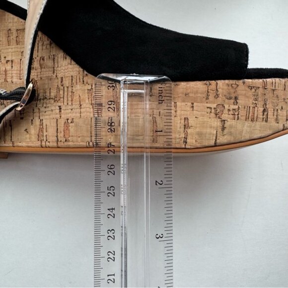Size 9.5 Black Suede Women Peep Toe Slingback Platform Wedge Sandals High Heel - Picture 11 of 13